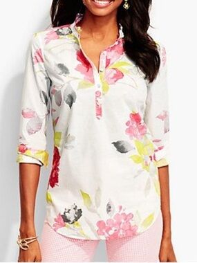 Talbots White Floral Popover with Pink and Yellow Blooms